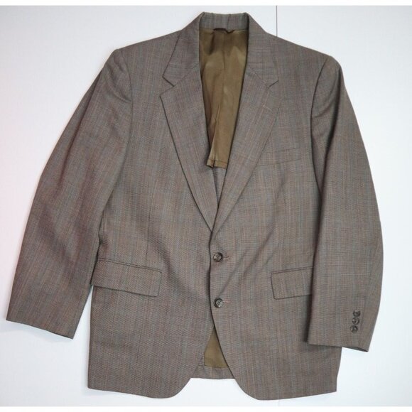 VINTAGE MEN'S BROWN PLAID WOOL BLEND BLAZER JACKET - AMERICAN TREND - SIZE 42S - Picture 1 of 6